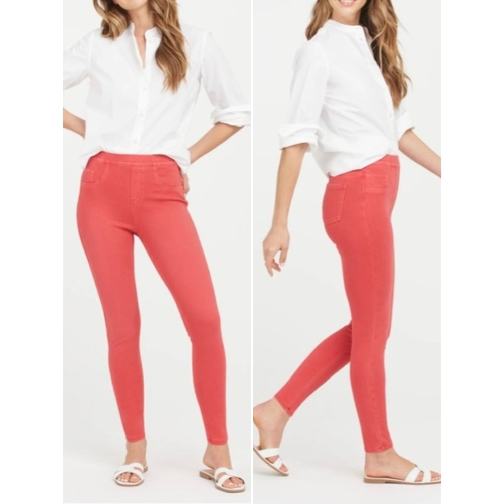 Spanx Jean-ish Ankle Skinny Leggings Coral Pink High Rise Stretch Medium‎
